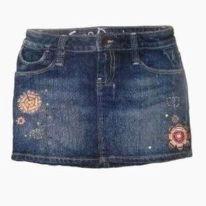 Gap kids girls denim jean embroidered mini skirt brown pink sequin flower 5-6 Y